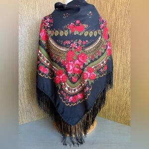 Vintage 90s Russian Folk Style Floral Fringe Shawl Black Red Rose Viscose Wrap